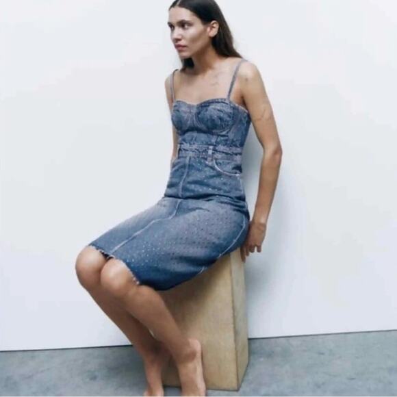 ZARA STUDDED DENIM BUSTIER DRESS - Picture 7 of 10